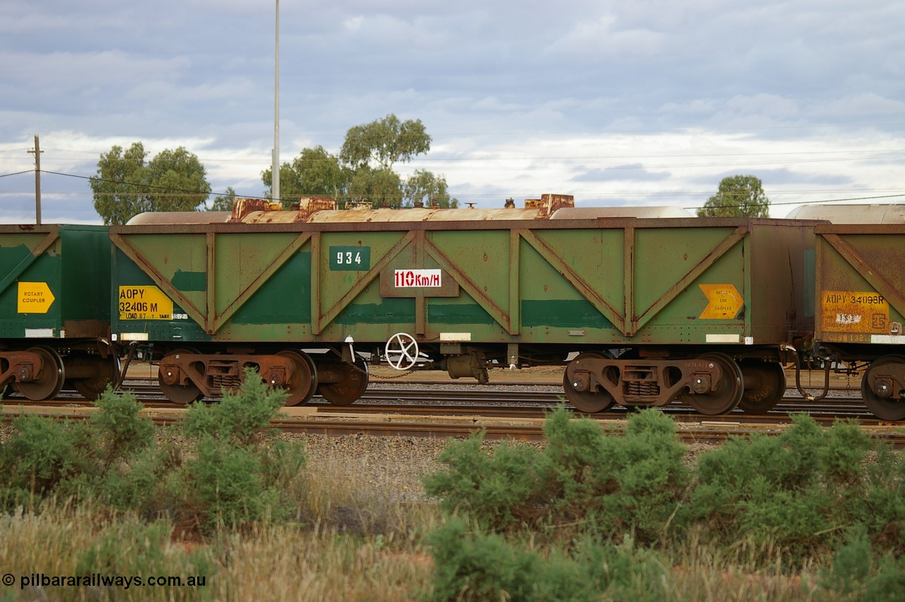 PD 12862
West Kalgoorlie, AOPY 32406 with fleet number 934, one of seventy ex ANR coal waggons rebuilt from AOKF type by Bluebird Engineering SA in service with ARG on Koolyanobbing iron ore trains. They used to be three metres longer and originally built by Metropolitan Cammell Britain as GB type in 1952-55, seen here in a rake with sister waggons.
Keywords: Peter-D-Image;AOPY-type;AOPY32406;Bluebird-Engineering-SA;Metropolitan-Cammell-Britain;GB-type;