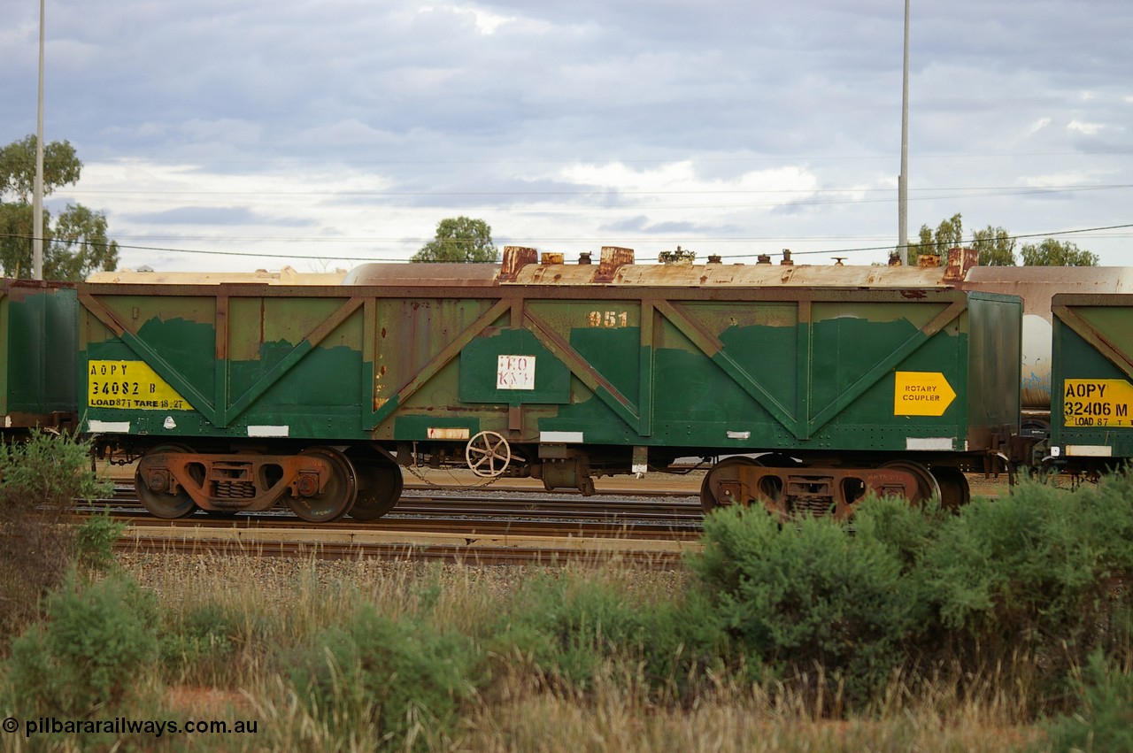 PD 12863
West Kalgoorlie, AOPY 34082 with fleet number 951, one of seventy ex ANR coal waggons rebuilt from AOKF type by Bluebird Engineering SA in service with ARG on Koolyanobbing iron ore trains. They used to be three metres longer and originally built by Metropolitan Cammell Britain as GB type in 1952-55, seen here in a rake with sister waggons.
Keywords: Peter-D-Image;AOPY-type;AOPY34082;Bluebird-Engineering-SA;Metropolitan-Cammell-Britain;GB-type;