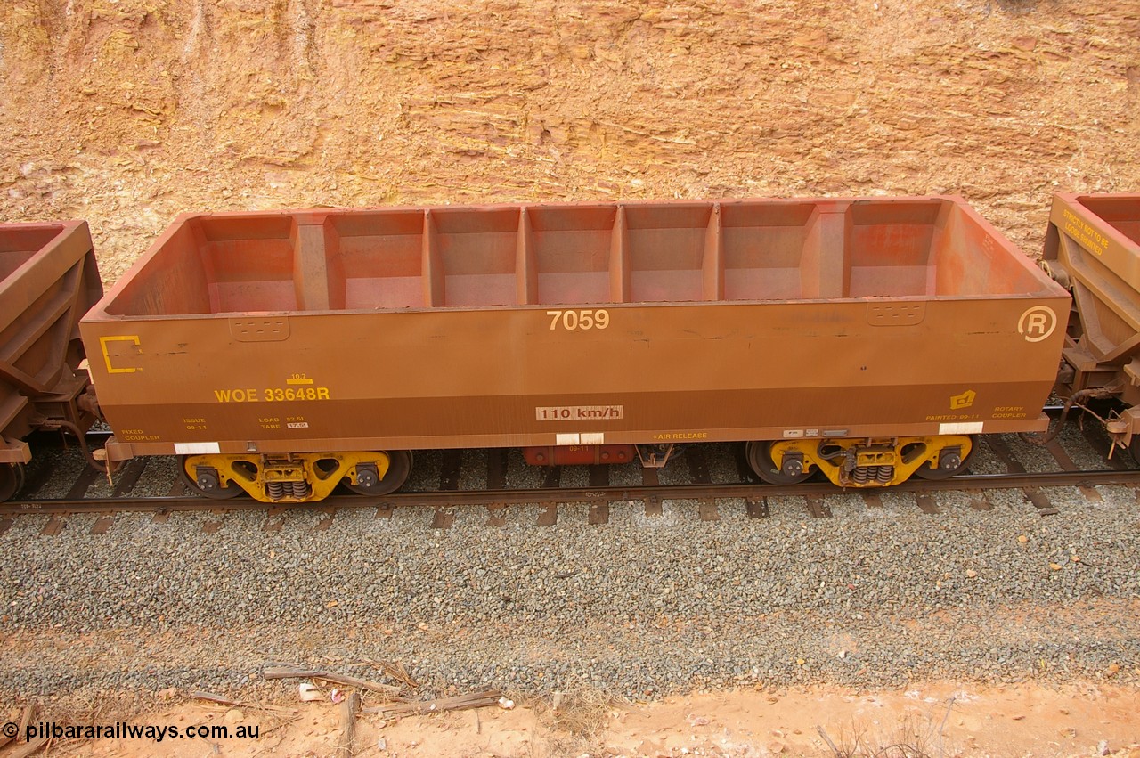 PD 09985
West Kalgoorlie, side view from above of UGL Rail built WOE type iron ore waggon WOE 33648, fleet number 7059.
Keywords: Peter-D-Image;WOE-type;WOE33648;UGL-Rail-WA;R0067-060;