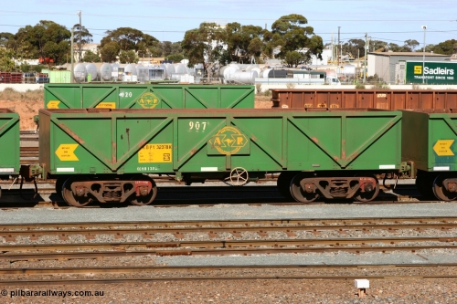 060528 4424
West Kalgoorlie, AOPY 32378, fleet number 907, one of seventy ex ANR coal waggons rebuilt from AOKF type by Bluebird Engineering SA in service with ARG on Koolyanobbing iron ore trains. They used to be three metres longer and originally built by Metropolitan Cammell Britain as GB type in 1952-55, 28th May 2006.
Keywords: AOPY-type;AOPY32378;Bluebird-Engineering-SA;Metropolitan-Cammell-Britain;GB-type;