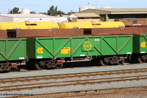 060528 4426
West Kalgoorlie, AOPY 34100, fleet number 966, one of seventy ex ANR coal waggons rebuilt from AOKF type by Bluebird Engineering SA in service with ARG on Koolyanobbing iron ore trains. They used to be three metres longer and originally built by Metropolitan Cammell Britain as GB type in 1952-55, 28th May 2006.
Keywords: AOPY-type;AOPY34100;Bluebird-Engineering-SA;Metropolitan-Cammell-Britain;GB-type;