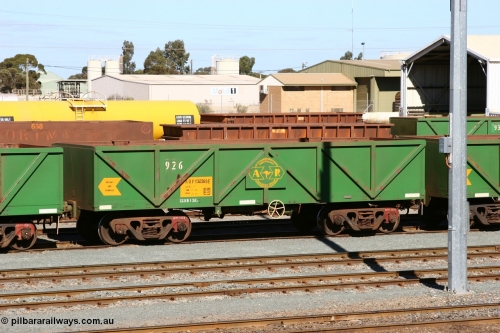 060528 4428
West Kalgoorlie, AOPY 32393, fleet number 926, one of seventy ex ANR coal waggons rebuilt from AOKF type by Bluebird Engineering SA in service with ARG on Koolyanobbing iron ore trains. They used to be three metres longer and originally built by Metropolitan Cammell Britain as GB type in 1952-55, 28th May 2006.
Keywords: AOPY-type;AOPY32393;Bluebird-Engineering-SA;Metropolitan-Cammell-Britain;GB-type;