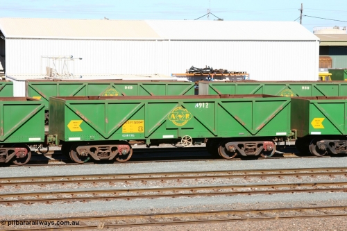 060528 4431
West Kalgoorlie, AOPY 32384 with fleet number 4912, the 4 being a recent addition due to the increasing size of the ore waggon fleet, one of seventy ex ANR coal waggons rebuilt from AOKF type by Bluebird Engineering SA in service with ARG on Koolyanobbing iron ore trains. They used to be three metres longer and originally built by Metropolitan Cammell Britain as GB type in 1952-55, May 28, 2006.
Keywords: AOPY-type;AOPY32384;Bluebird-Engineering-SA;Metropolitan-Cammell-Britain;GB-type;