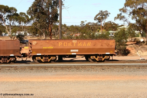 070529 9377
WOE type iron ore waggon WOE 33323 is one of a batch of one hundred and forty one built by United Goninan WA between November 2005 and April 2006 with serial number 950142-028 and fleet number 822 for Koolyanobbing iron ore operations in West Kalgoorlie, May 29, 2007.
Keywords: WOE-type;WOE33323;United-Goninan-WA;950142-028;
