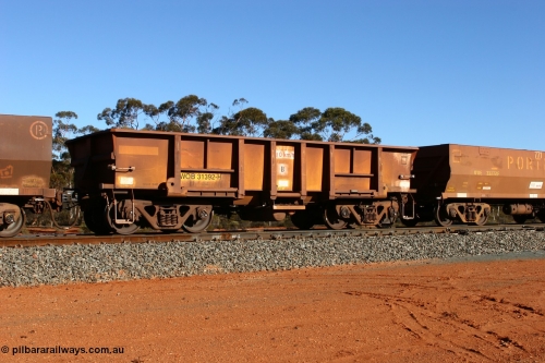 070531 9727
WOB type iron ore waggon WOB 31392 is one of a batch of twenty five built by Comeng WA between 1974 and 1975 and converted from Mt Newman high sided waggons by WAGR Midland Workshops with fleet number 317 for Koolyanobbing iron ore operations, shows the higher tare of these waggons and the capacity of 73 tons, waggon length of 10.8 metres, and a close inspection reveals that the round WAGR waggon builder's number is 31391 of 1974, this waggon cut down originally from a Comeng built Mt Newman Mining ore waggon in 1974. It was then converted to a WSM ballast hopper, then converted back to a WOB by WAGR Midland Workshops. It was originally numbered 31391 by WAGR, seen here at Binduli on an empty train, May 31, 2007.
Keywords: WOB-type;WOB31392;Comeng-WA;WSM-type;Mt-Newman-Mining;