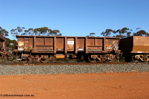 070531 9729
WOB type iron ore waggon WOB 31376 is leader of a batch of twenty five built by Comeng WA between 1974 and 1975 and converted from Mt Newman high sided waggons by WAGR Midland Workshops with a capacity of 67 tons with fleet number 301 for Koolyanobbing iron ore operations. In an empty train at Binduli, May 31, 2007.
Keywords: WOB-type;WOB31376;Comeng-WA;Mt-Newman-Mining;