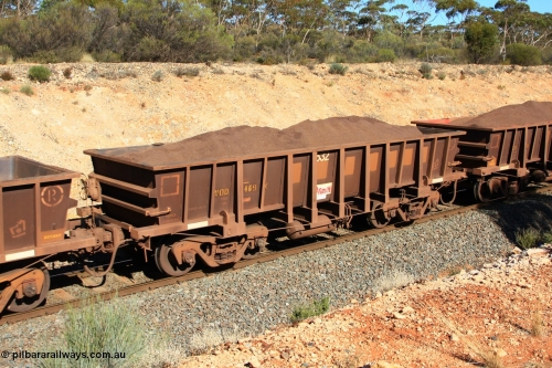 100602 8541
WOD type iron ore waggon WOD 31469 is one of a batch of sixty two built by Goninan WA between April and August 2000 with serial number 950086-041 and fleet number 532 for Koolyanobbing iron ore operations with a 75 ton capacity and build date 06/2000, for Portman Mining to cart their Koolyanobbing iron ore to Esperance, with the letters now painted over, loaded with fines ore just west of Binduli, June 2, 2010.
Keywords: WOD-type;WOD31469;Goninan-WA;950086-041;
