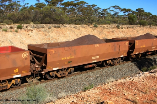 100602 8549
WOE type iron ore waggon WOE 33400 is one of a batch of one hundred and forty one built by United Group Rail WA between November 2005 and April 2006 with serial number 950142-105 and fleet number 899 for Koolyanobbing iron ore operations, seen here west of Binduli, June 2, 2010.
Keywords: WOE-type;WOE33400;United-Group-Rail-WA;950142-105;