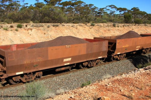 100602 8565
WOE type iron ore waggon WOE 33242 is one of a batch of twenty seven built by Goninan WA between September and October 2002 with serial number 950103-009 and fleet number 741 for Koolyanobbing iron ore operations with a revised load of 82.5 tonnes with PORTMAN painted out, seen here west of Binduli, June 2, 2010.
Keywords: WOE-type;WOE33242;Goninan-WA;950103-009;