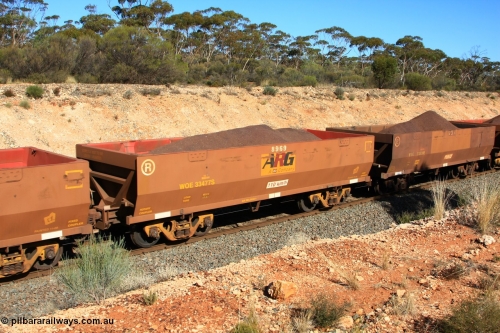 100602 8574
WOE type iron ore waggon WOE 33477 is one of a batch of one hundred and twenty eight built by United Group Rail WA between August 2008 and March 2009 with serial number 950211-019 and fleet number 8969 for Koolyanobbing iron ore operations, the 8 being a addition due to fleet size, build date of 09/2008 with a revised load of 82.5 tonnes with an ARG decal applied to the side, seen here west of Binduli, June 2, 2010.
Keywords: WOE-type;WOE33477;United-Group-Rail-WA;950211-019;