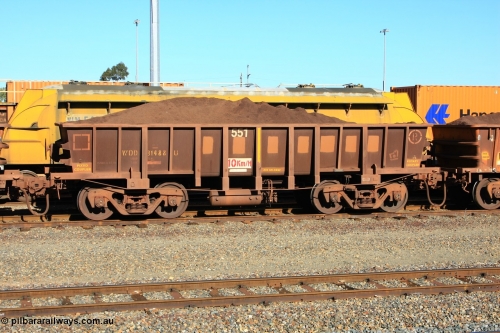 100602 8692
WOD type iron ore waggon WOD 31488 is one of a batch of sixty two built by Goninan WA between April and August 2000 with serial number 950086-060 and fleet number 551 for Koolyanobbing iron ore operations with a 75 ton capacity build date 07/2000, for Portman Mining to cart their Koolyanobbing iron ore to Esperance, PORTMAN has been painted out, West Kalgoorlie loaded with fines, 2nd June 2010.
Keywords: WOD-type;WOD31488;Goninan-WA;950086-060;