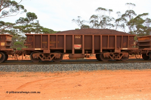 100605 9374
WOD type iron ore waggon WOD 31324 is one of a batch of sixty two built by Goninan WA between April and August 2000 with serial number 950086-012 and fleet number 502 for Koolyanobbing iron ore operations with a 75 ton capacity and a replacement for a WO type waggon number, for Portman Mining to cart their Koolyanobbing iron ore to Esperance, Binduli Triangle, loaded with fines, June 5, 2010.
Keywords: WOD-type;WOD31324;Goninan-WA;950086-012;