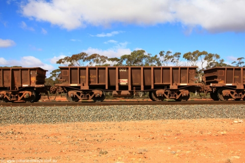 100729 01496
WOD type iron ore waggon WOD 31324 is one of a batch of sixty two built by Goninan WA between April and August 2000 with serial number 950086-012 and fleet number 502 for Koolyanobbing iron ore operations with a 75 ton capacity and a replacement for a WO type waggon number, for Portman Mining to cart their Koolyanobbing iron ore to Esperance, Binduli Triangle, July 29, 2010.
Keywords: WOD-type;WOD31324;Goninan-WA;950086-012;