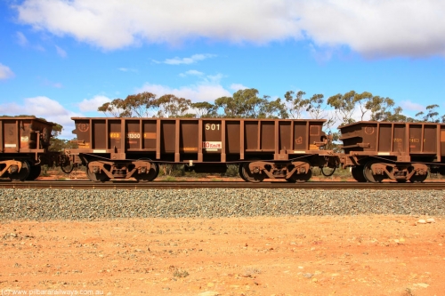 100729 01507
WOD type iron ore waggon WOD 31300 is one of a batch of sixty two built by Goninan WA between April and August 2000 with serial number 950086-011 and fleet number 501 for Koolyanobbing iron ore operations with a 75 ton capacity and a replacement for a WO type waggon number, for Portman Mining to cart their Koolyanobbing iron ore to Esperance, Binduli, July 29, 2010.
Keywords: WOD-type;WOD31300;Goninan-WA;950086-011;
