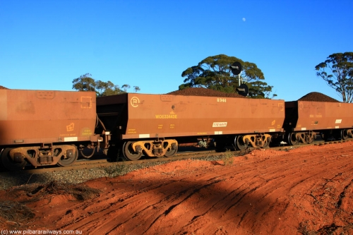 100731 02309
WOE type iron ore waggon WOE 33443 is one of a batch of seventeen built by United Group Rail WA between July and August 2008 with serial number 950209-007 and fleet number 8944 for Koolyanobbing iron ore operations, on loaded train 6413 at Binduli Triangle, July 31, 2010.
Keywords: WOE-type;WOE33443;United-Group-Rail-WA;950209-007;