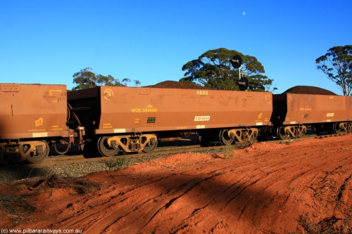 100731 02317
WOE type iron ore waggon WOE 33494 is one of a batch of one hundred and twenty eight built by United Group Rail WA between August 2008 and March 2009 with serial number 950211-034 and fleet number 9000 for Koolyanobbing iron ore operations, on loaded train 6413 at Binduli Triangle, July 31, 2010.
Keywords: WOE-type;WOE33494;United-Group-Rail-WA;950211-034;