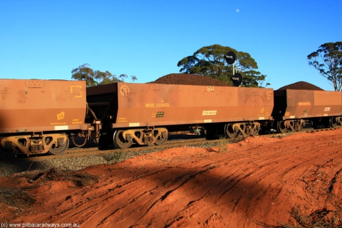 100731 02318
WOE type iron ore waggon WOE 33305 is one of a batch of one hundred and forty one built by United Goninan WA between November 2005 and April 2006 with serial number 950142-010 and fleet number 804 for Koolyanobbing iron ore operations, on loaded train 6413 at Binduli Triangle, July 31, 2010.
Keywords: WOE-type;WOE33305;United-Goninan-WA;950142-010;