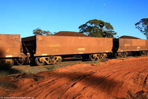 100731 02321
WOE type iron ore waggon WOE 33404 is one of a batch of one hundred and forty one built by United Group Rail WA between November 2005 and April 2006 with serial number 950142-109 and fleet number 8903 for Koolyanobbing iron ore operations, on loaded train 6413 at Binduli Triangle, 31st July 2010.
Keywords: WOE-type;WOE33404;United-Group-Rail-WA;950142-109;