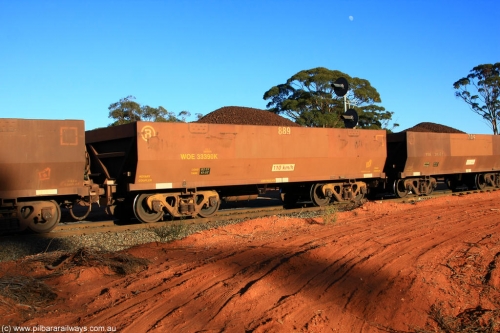 100731 02324
WOE type iron ore waggon WOE 33390 is one of a batch of one hundred and forty one built by United Group Rail WA between November 2005 and April 2006 with serial number 950142-095 and fleet number 889 for Koolyanobbing iron ore operations, on loaded train 6413 at Binduli Triangle, July 31, 2010.
Keywords: WOE-type;WOE33390;United-Group-Rail-WA;950142-095;