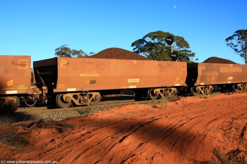 100731 02327
WOE type iron ore waggon WOE 33382 is one of a batch of one hundred and forty one built by United Group Rail WA between November 2005 and April 2006 with serial number 950142-087 and fleet number 881 for Koolyanobbing iron ore operations, on loaded train 6413 at Binduli Triangle, July 31, 2010.
Keywords: WOE-type;WOE33382;United-Group-Rail-WA;950142-087;