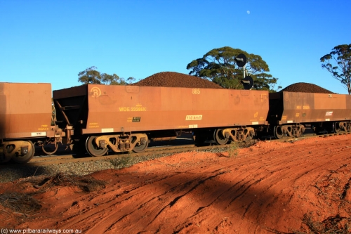 100731 02329
WOE type iron ore waggon WOE 33386 is one of a batch of one hundred and forty one built by United Group Rail WA between November 2005 and April 2006 with serial number 950142-091 and fleet number 885 for Koolyanobbing iron ore operations, on loaded train 6413 at Binduli Triangle, July 31, 2010.
Keywords: WOE-type;WOE33386;United-Group-Rail-WA;950142-091;
