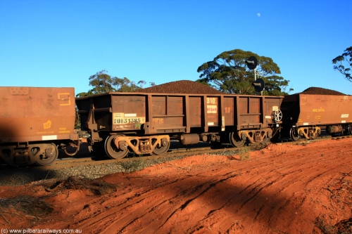 100731 02336
WOB type iron ore waggon WOB 31385 is one of a batch of twenty five built by Comeng WA between 1974 and 1975 and converted from Mt Newman high sided waggons by WAGR Midland Workshops with a capacity of 67 tons with fleet number 310 for Koolyanobbing iron ore operations, on loaded train 6413 at Binduli Triangle, July 31, 2010.
Keywords: WOB-type;WOB31385;Comeng-WA;Mt-Newman-Mining;