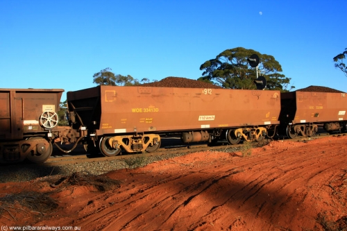 100731 02337
WOE type iron ore waggon WOE 33413 is one of a batch of one hundred and forty one built by United Group Rail WA between November 2005 and April 2006 with serial number 950142-118 and fleet number 8912 for Koolyanobbing iron ore operations, on loaded train 6413 at Binduli Triangle, July 31, 2010.
Keywords: WOE-type;WOE33413;United-Group-Rail-WA;950142-118;