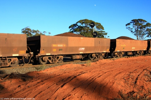 100731 02376
WOE type iron ore waggon WOE 30282 is one of a batch of one hundred and thirty built by Goninan WA between March and August 2001 with serial number 950092-032 and fleet number 624 for Koolyanobbing iron ore operations, on loaded train 6413 at Binduli Triangle, July 31, 2010.
Keywords: WOE-type;WOE30282;Goninan-WA;950092-032;