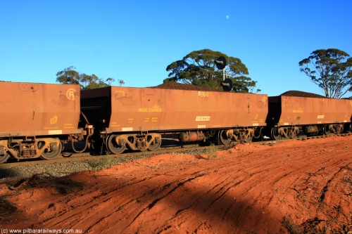 100731 02382
WOE type iron ore waggon WOE 33409 is one of a batch of one hundred and forty one built by United Group Rail WA between November 2005 and April 2006 with serial number 950142-114 and fleet number 8908 for Koolyanobbing iron ore operations, on loaded train 6413 at Binduli Triangle, July 31, 2010.
Keywords: WOE-type;WOE33409;United-Group-Rail-WA;950142-114;