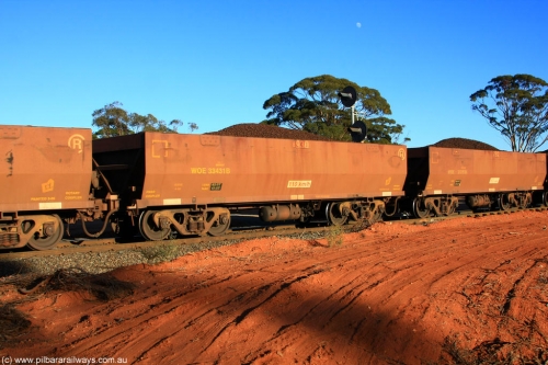 100731 02383
WOE type iron ore waggon WOE 33431 is one of a batch of one hundred and forty one built by United Group Rail WA between November 2005 and April 2006 with serial number 950142-136 and fleet number 8930 for Koolyanobbing iron ore operations, on loaded train 6413 at Binduli Triangle, July 31, 2010.
Keywords: WOE-type;WOE33431;United-Group-Rail-WA;950142-136;