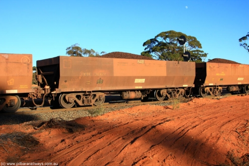 100731 02385
WOE type iron ore waggon WOE 31062 is one of a batch of one hundred and thirty built by Goninan WA between March and August 2001 with serial number 950092-052 and fleet number 648 for Koolyanobbing iron ore operations, on loaded train 6413 at Binduli Triangle, July 31, 2010.
Keywords: WOE-type;WOE31062;Goninan-WA;950092-052;