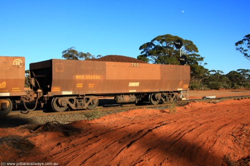 100731 02399
WOE type iron ore waggon WOE 33256 is one of a batch of twenty seven built by Goninan WA between September and October 2002 with serial number 950103-023 and fleet number 755 for Koolyanobbing iron ore operations, on loaded train 6413 at Binduli Triangle, July 31, 2010.
Keywords: WOE-type;WOE33256;Goninan-WA;950103-023;