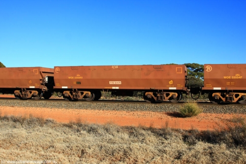 100731 02429
WOE type iron ore waggon WOE 33339 is one of a batch of one hundred and forty one built by United Goninan WA between November 2005 and April 2006 with serial number 950142-044 and fleet number 838 for Koolyanobbing iron ore operations, on empty train 6418 at Binduli Triangle, July 31, 2010.
Keywords: WOE-type;WOE33339;United-Goninan-WA;950142-044;