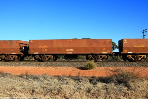 100731 02455
WOE type iron ore waggon WOE 33356 is one of a batch of one hundred and forty one built by United Goninan WA between November 2005 and April 2006 with serial number 950142-061 and fleet number 855 for Koolyanobbing iron ore operations, on empty train 6418 at Binduli Triangle, July 31, 2010.
Keywords: WOE-type;WOE33356;United-Goninan-WA;950142-061;