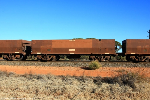 100731 02464
WOE type iron ore waggon WOE 31105 is one of a batch of one hundred and thirty built by Goninan WA between March and August 2001 with serial number 950092-095 and fleet number 689 for Koolyanobbing iron ore operations, on empty train 6418 at Binduli Triangle, July 31, 2010.
Keywords: WOE-type;WOE31105;Goninan-WA;950092-095;