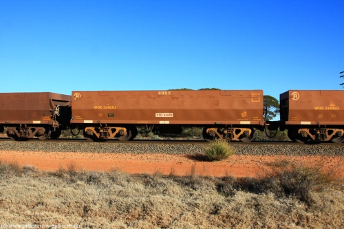 100731 02467
WOE type iron ore waggon WOE 33463 is one of a batch of one hundred and twenty eight built by United Group Rail WA between August 2008 and March 2009 with serial number 950211-005 and fleet number 8952 for Koolyanobbing iron ore operations, on empty train 6418 at Binduli Triangle, July 31, 2010.
Keywords: WOE-type;WOE33463;United-Group-Rail-WA;950211-005;