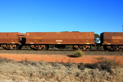 100731 02472
WOE type iron ore waggon WOE 33448 is one of a batch of seventeen built by United Group Rail WA between July and August 2008 with serial number 950209-012 and fleet number 8951 for Koolyanobbing iron ore operations, on empty train 6418 at Binduli Triangle, July 31, 2010.
Keywords: WOE-type;WOE33448;United-Group-Rail-WA;950209-012;