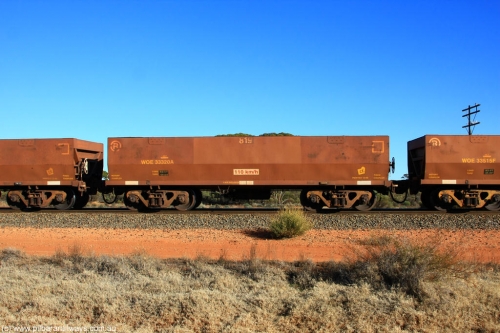 100731 02485
WOE type iron ore waggon WOE 33320 is one of a batch of one hundred and forty one built by United Goninan WA between November 2005 and April 2006 with serial number 950142-025 and fleet number 819 for Koolyanobbing iron ore operations, on empty train 6418 at Binduli Triangle, July 31, 2010.
Keywords: WOE-type;WOE33320;United-Goninan-WA;950142-025;