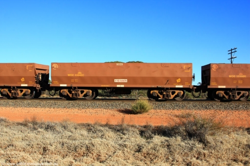 100731 02487
WOE type iron ore waggon WOE 33542 is one of a batch of one hundred and twenty eight built by United Group Rail WA between August 2008 and March 2009 with serial number 950211-082 and fleet number 9029 for Koolyanobbing iron ore operations, on empty train 6418 at Binduli Triangle, 31st July 2010.
Keywords: WOE-type;WOE33542;United-Group-Rail-WA;950211-082;