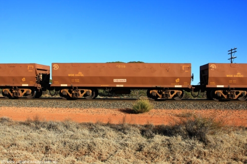 100731 02488
WOE type iron ore waggon WOE 33578 is one of a batch of one hundred and twenty eight built by United Group Rail WA between August 2008 and March 2009 with serial number 950211-118 and fleet number 9080 for Koolyanobbing iron ore operations, on empty train 6418 at Binduli Triangle, July 31, 2010.
Keywords: WOE-type;WOE33578;United-Group-Rail-WA;950211-118;