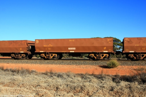 100731 02494
WOE type iron ore waggon WOE 33576 is one of a batch of one hundred and twenty eight built by United Group Rail WA between August 2008 and March 2009 with serial number 950211-116 and fleet number 9072 for Koolyanobbing iron ore operations, on empty train 6418 at Binduli Triangle, July 31, 2010.
Keywords: WOE-type;WOE33576;United-Group-Rail-WA;950211-116;