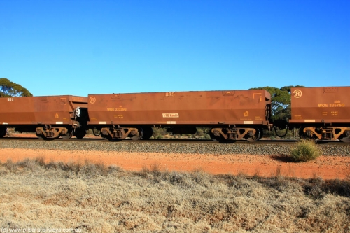 100731 02495
WOE type iron ore waggon WOE 33336 is one of a batch of one hundred and forty one built by United Goninan WA between November 2005 and April 2006 with serial number 950142-041 and fleet number 835 for Koolyanobbing iron ore operations, on empty train 6418 at Binduli Triangle, July 31, 2010.
Keywords: WOE-type;WOE33336;United-Goninan-WA;950142-041;