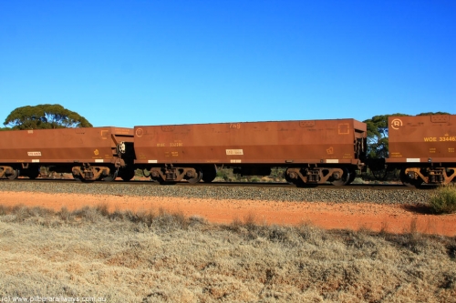 100731 02498
WOE type iron ore waggon WOE 33270 is one of a batch of thirty five built by Goninan WA between January and April 2005 with serial number 950104-010 and fleet number 769 for Koolyanobbing iron ore operations, on empty train 6418 at Binduli Triangle, July 31, 2010.
Keywords: WOE-type;WOE33270;Goninan-WA;950104-010;