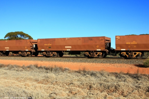 100731 02511
WOE type iron ore waggon WOE 33318 is one of a batch of one hundred and forty one built by United Goninan WA between November 2005 and April 2006 with serial number 950142-023 and fleet number 817 for Koolyanobbing iron ore operations, on empty train 6418 at Binduli Triangle, July 31, 2010.
Keywords: WOE-type;WOE33318;United-Goninan-WA;950142-023;