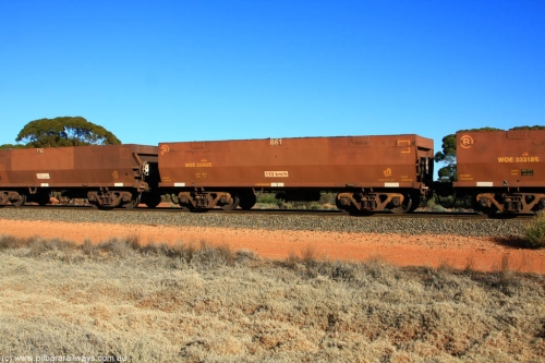 100731 02512
WOE type iron ore waggon WOE 33362 is one of a batch of one hundred and forty one built by United Goninan WA between November 2005 and April 2006 with serial number 950142-067 and fleet number 861 for Koolyanobbing iron ore operations, on empty train 6418 at Binduli Triangle, July 31, 2010.
Keywords: WOE-type;WOE33362;United-Goninan-WA;950142-067;