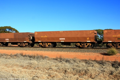 100731 02521
WOE type iron ore waggon WOE 33559 is one of a batch of one hundred and twenty eight built by United Group Rail WA between August 2008 and March 2009 with serial number 950211-099 and fleet number 9054 for Koolyanobbing iron ore operations, on empty train 6418 at Binduli Triangle, July 31, 2010.
Keywords: WOE-type;WOE33559;United-Group-Rail-WA;950211-099;