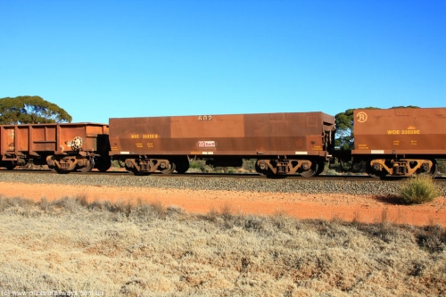 100731 02522
WOE type iron ore waggon WOE 30252 is one of a batch of one hundred and thirty built by Goninan WA between March and August 2001 with serial number 950092-002 and fleet number 602 for Koolyanobbing iron ore operations with a built date April 2001 in the current style of 83 tonne load capacity WOE type waggon built for Portman Mining on Koolyanobbing iron ore train service, on empty train 6418 at Binduli Triangle, July 31, 2010.
Keywords: WOE-type;WOE30252;Goninan-WA;950092-002;