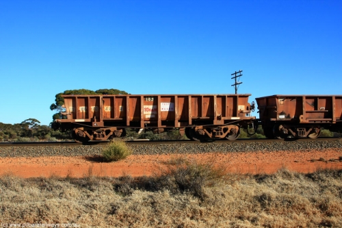 100731 02541
WO type iron ore waggon WO 31247 is one of a batch of sixty two built by Goninan WA between April and August 2000 with serial number 950086-008 and fleet number 138 for Koolyanobbing iron ore operations, TEST WAGGON, and is a Goninan built replacement WO type waggon that replaces the original WAGR built WO type waggon with the newer style WOD type and has square features opposed to the curved ones as on the original WO class, on empty train 6418 at Binduli Triangle, July 31, 2010.
Keywords: WO-type;WO31247;Goninan-WA;950086-008;