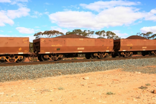 100731 02832
WOE type iron ore waggon WOE 33301 is one of a batch of one hundred and forty one built by United Goninan WA between November 2005 and April 2006 with serial number 950142-006 and fleet number 800 for Koolyanobbing iron ore operations, on loaded train 7415 at Binduli Triangle, July 31, 2010.
Keywords: WOE-type;WOE33301;United-Goninan-WA;950142-006;
