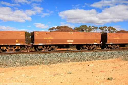 100731 02854
WOE type iron ore waggon WOE 33376 is one of a batch of one hundred and forty one built by United Goninan WA between November 2005 and April 2006 with serial number 950142-081 and fleet number 875 for Koolyanobbing iron ore operations, on loaded train 7415 at Binduli Triangle, July 31, 2010.
Keywords: WOE-type;WOE33376;United-Goninan-WA;950142-081;